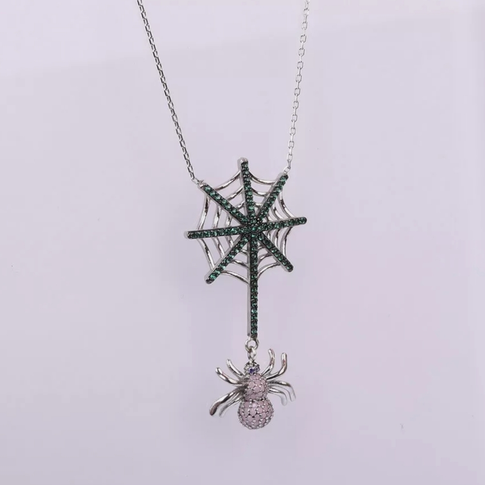 Emerald web & Pink Topaz Spider sterling necklace 18" - Picture 2 of 3
